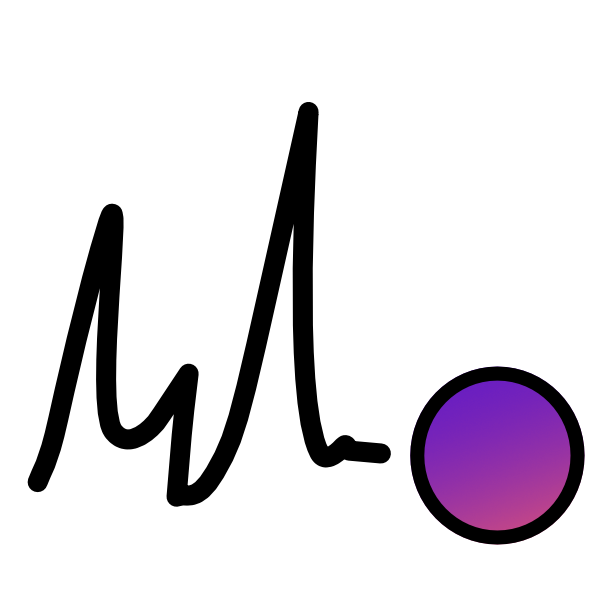  a circle with a black outline and purple to orange gradient with a black scribble in front of it.